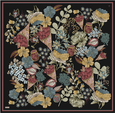Siyah Çiçek Deseni %100 Twill İpek Eşarp 4415-87