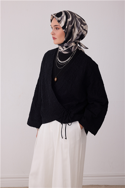 Siyah Soyut Desen %100 Twill İpek Eşarp 4414-85
