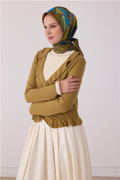 Yeşil Çiçek Deseni %100 Twill İpek Eşarp 4426-06