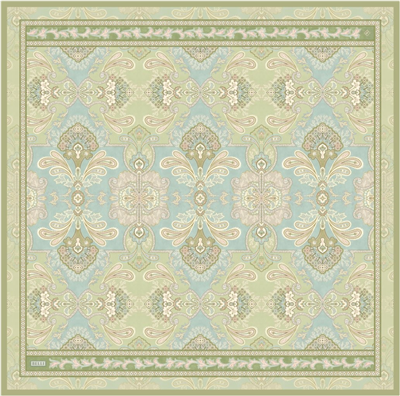 Yeşil Çok Renkli Etnik Desen %100 Twill İpek Eşarp 4304-53