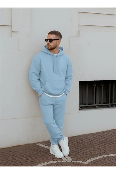 Bebe Mavisi Erkek Beli Lastikli Kapşonlu Şardonlu Baggy Eşofman Takım
