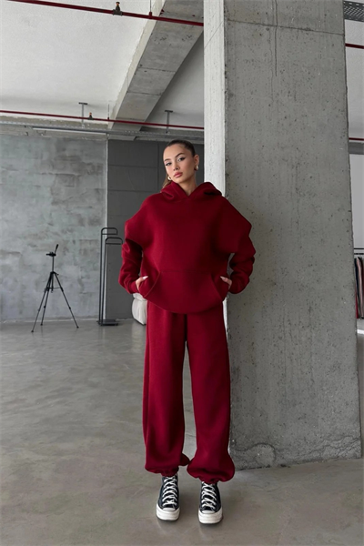 Kadın Yüksek Bel Oversize Rahat Kesim Polarlı Bordo Eşofman Takımı