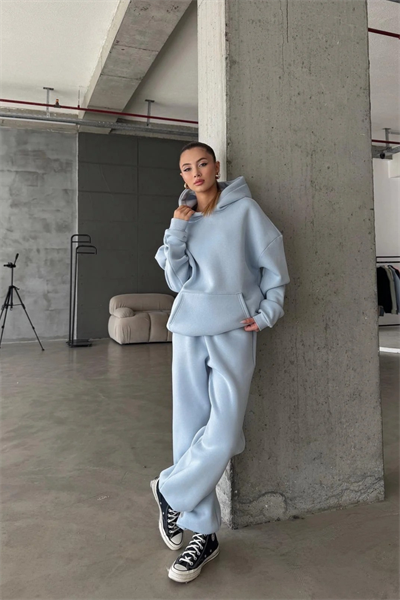 Kadın Yüksek Bel Oversize Rahat Kesim Polarlı Bebe Mavisi Eşofman Takımı