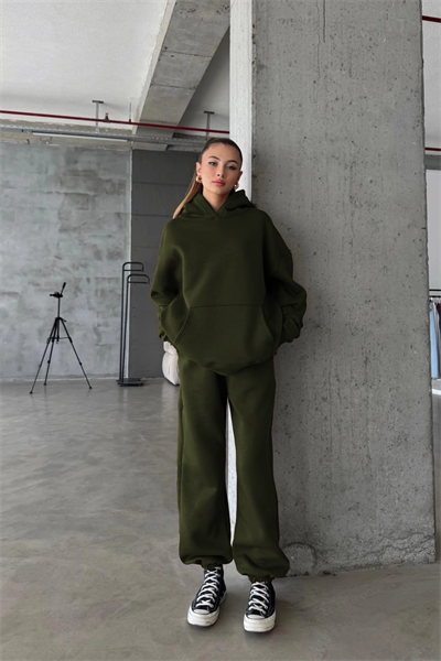 Kadın Yüksek Bel Oversize Rahat Kesim Polarlı Haki Eşofman Takımı
