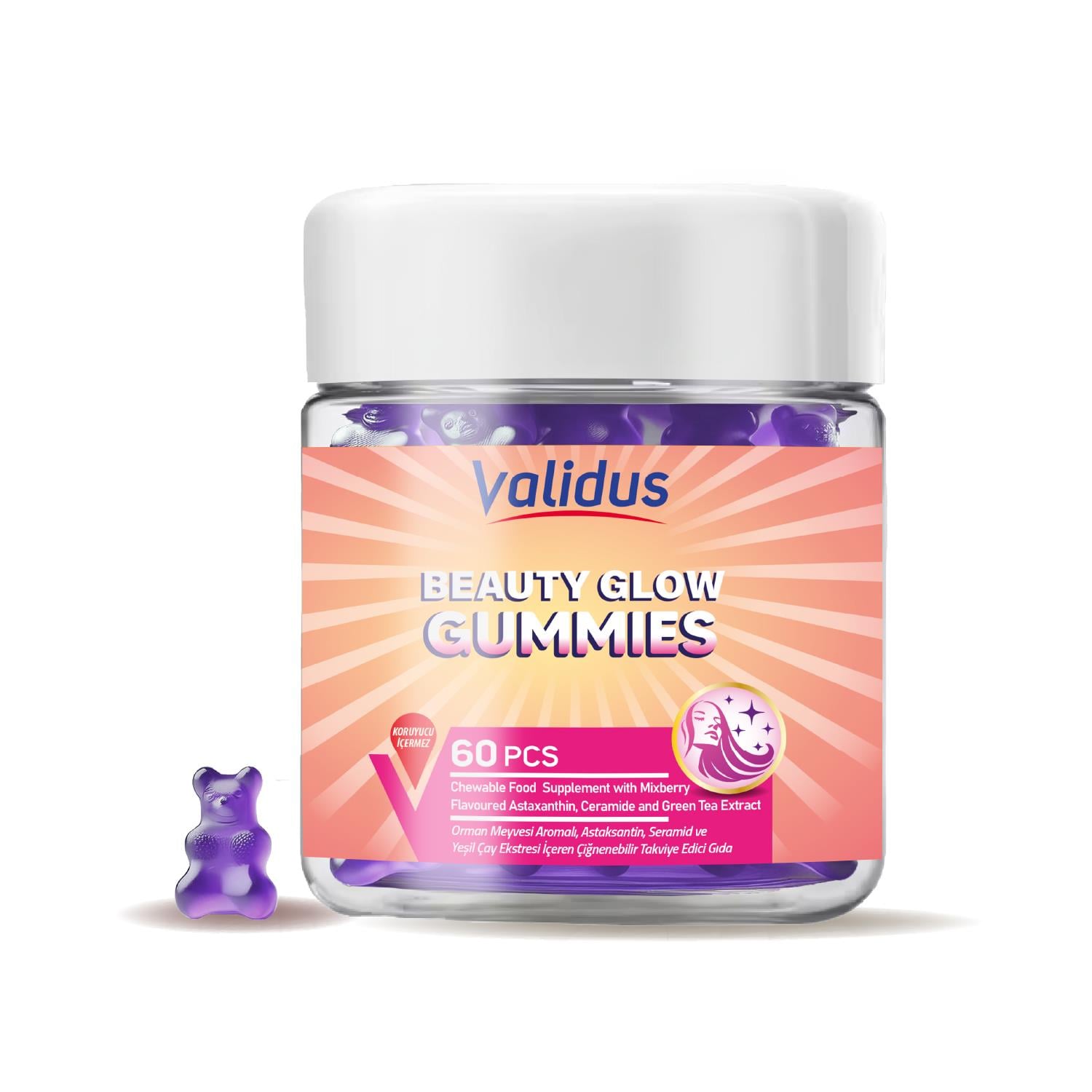 Validus Beauty Glow Astaxantin 40 mg + Seramid 30 mg+Vitamin E+ Yeşil Çay 60 Gummy