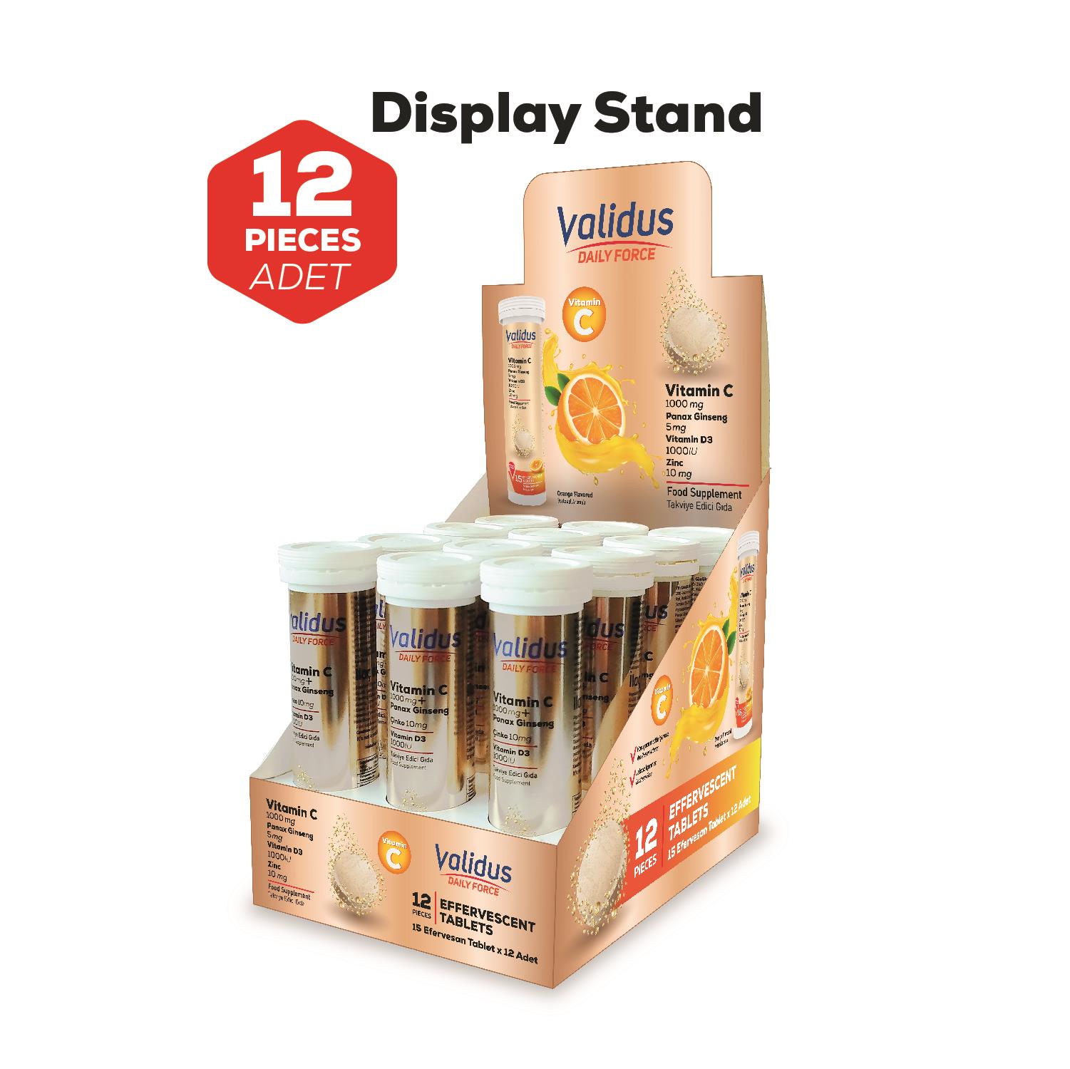 Validus Daily Force Vitamin C + Panax Ginseng + Zinc + Vitamin D3 15 Effervescent Tablets  12 Stand 