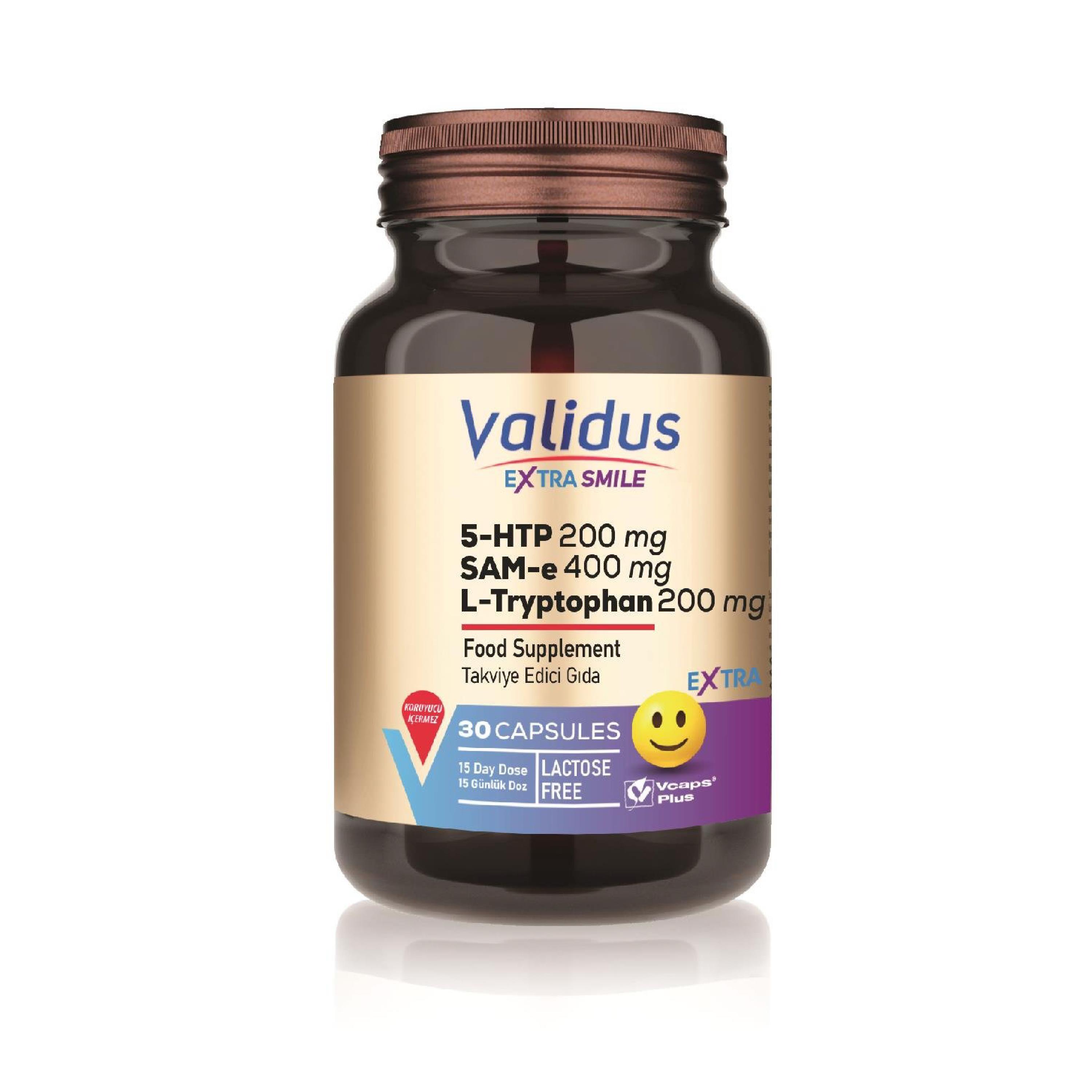 Validus Extra Smile 5-HTTP 200 mg + L- Tryptophan 200 mg + Sam-e 400 mg 30 Capsules (Vcaps Plus)