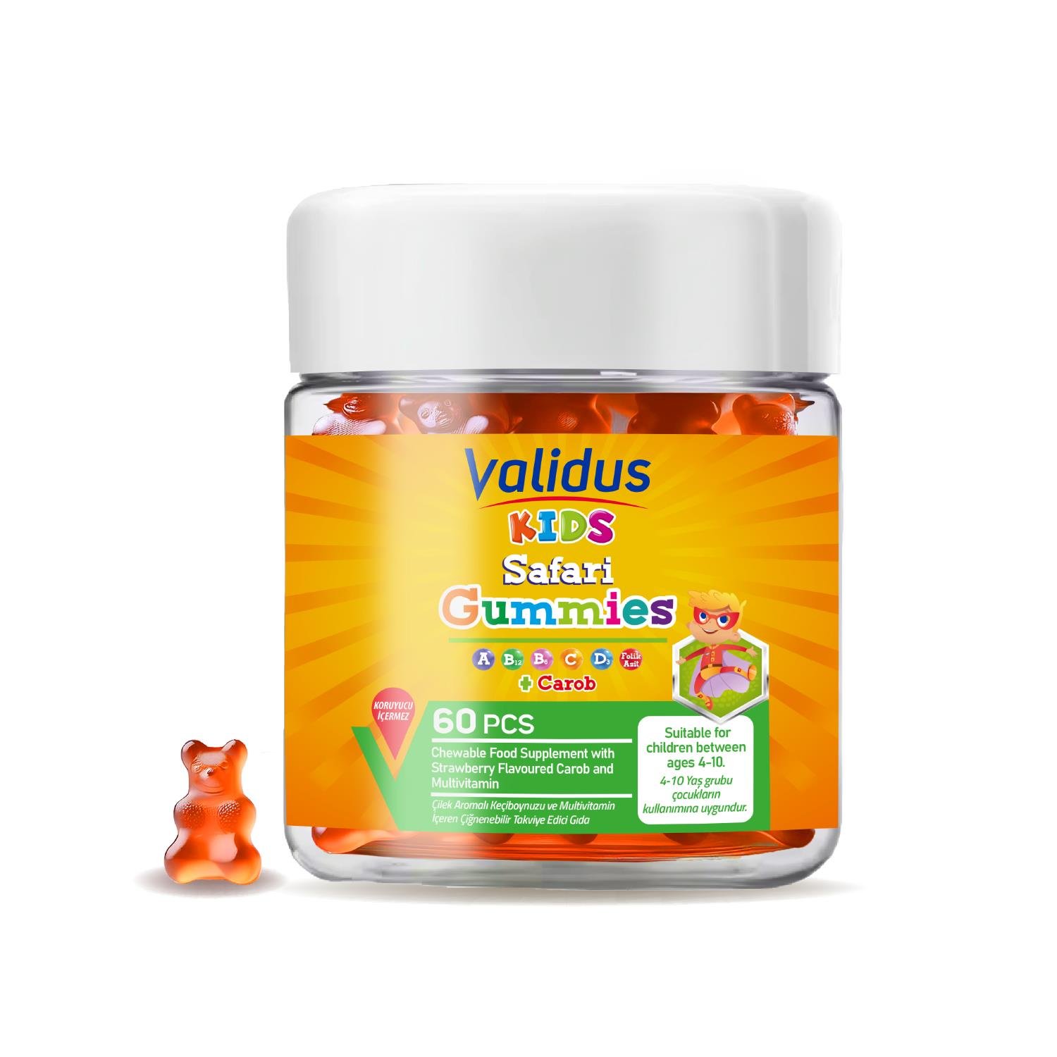 Validus Kids Safari Carob + Vitamin A-C-D3 60 Gummies