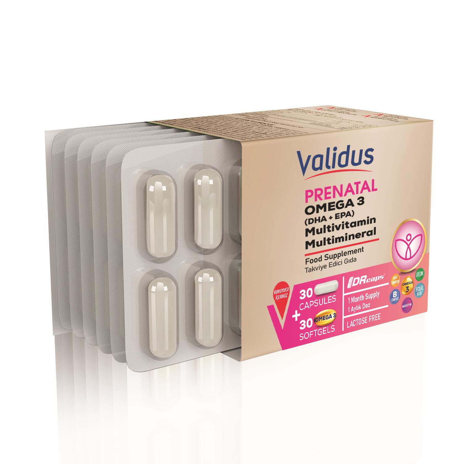 Validus Prenatal 30 Capsules (Drcaps) + Omega 3 DHA 350 EPA 70 mg 30 Softgel Blister Set