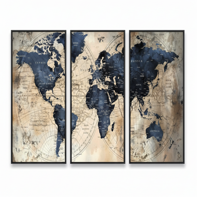 Artisan Tablo Seti Vintage Dünya Haritası Lacivert