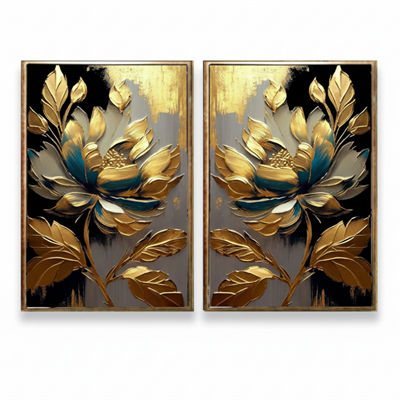 Çiçek Desenli Altın Yapraklı Dokulu İkili Set