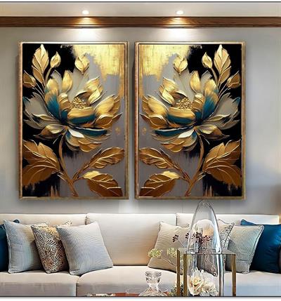 Çiçek Desenli Altın Yapraklı Dokulu İkili Set