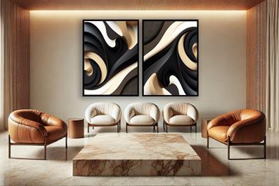 Decoart Soyut Dalgalı Cam Tablo Seti Siyah Bej