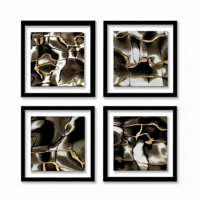 Dekorart Dörtlü Tablo Seti Soyut Siyah Beyaz Altın