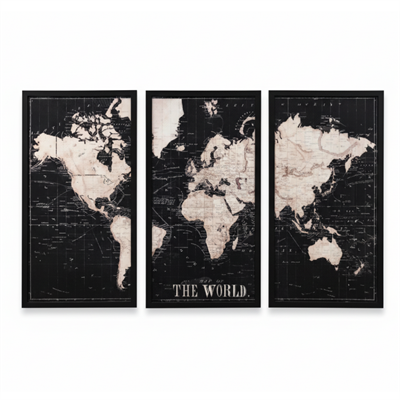 Artisan Üç Parçalı Tablo Modern Dünya Haritası Siyah Beyaz