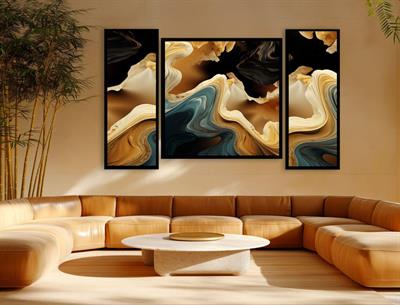 Soyut Dalgalı Akışkan Sanat Üçlü Cam Tablo