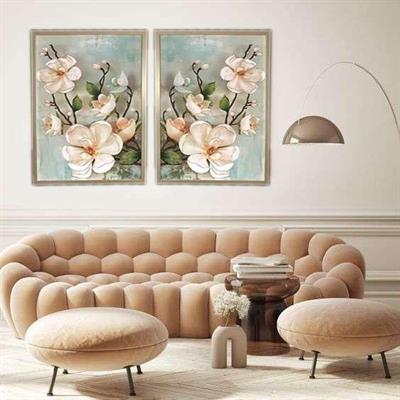 İkili Tablo Seti Krem Çiçekler Doku İşlemeli