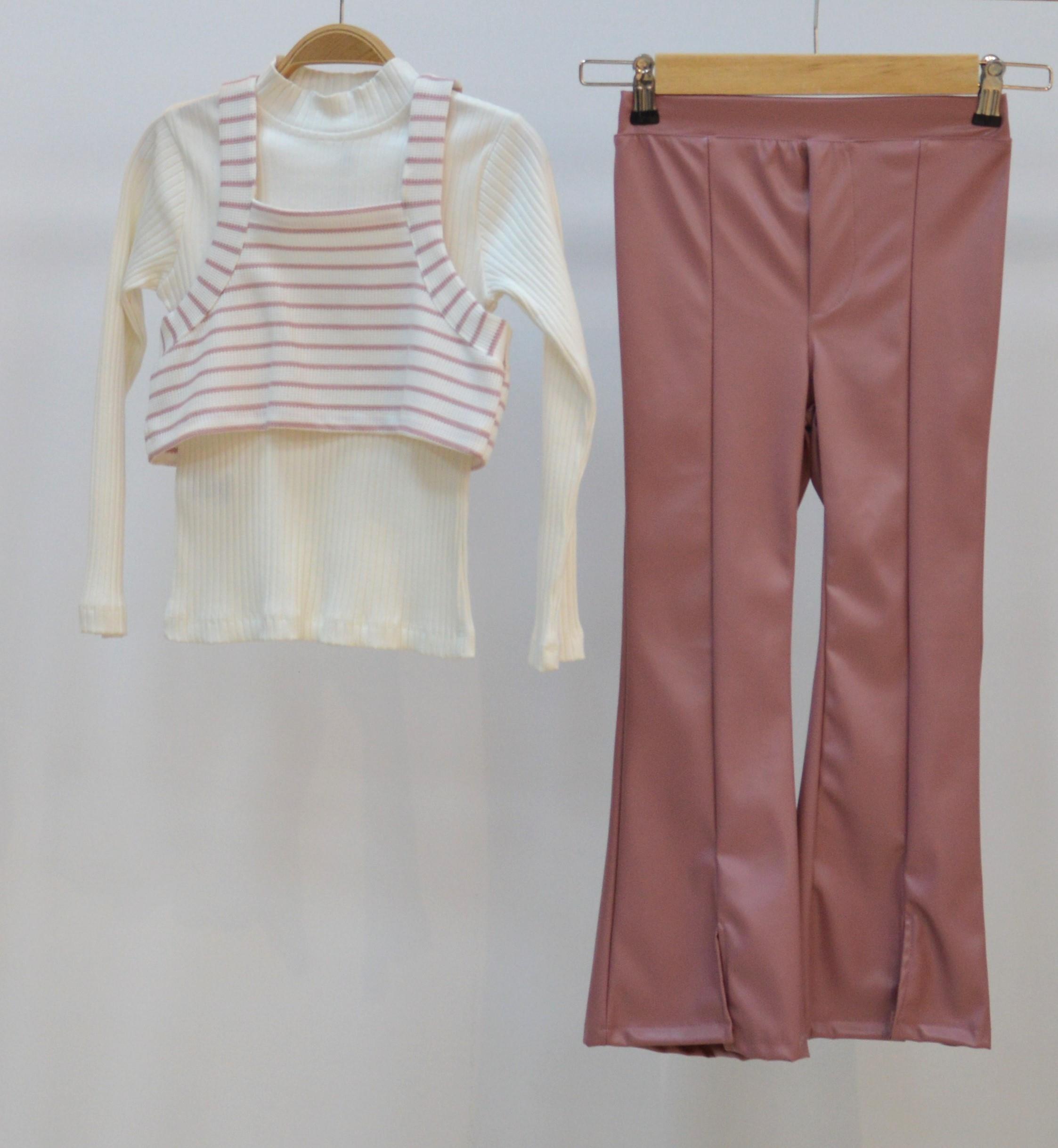 KIZ ÇOCUK DERİ İSPANYOL PANTOLONLU TAKIM  FİTİLLİ BADİ CROP İLE 3LÜ SET