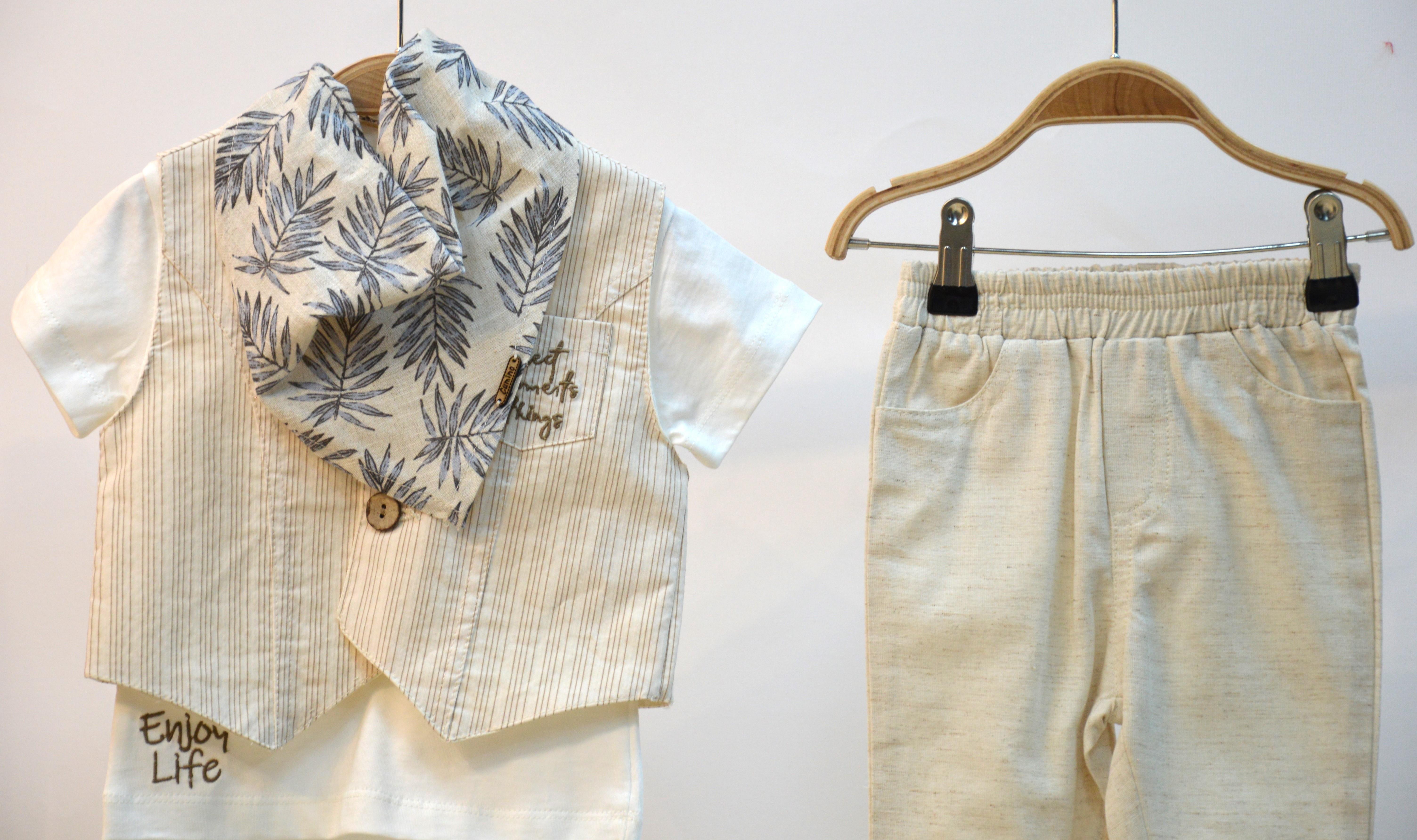ERKEK BEBE YELEKLİ KETEN TAKIM FULARLI 4LÜ SET