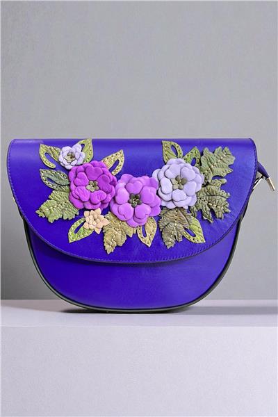  Mor Hakiki Deri Çiçek Motifli El Yapımı Çapraz  Çanta