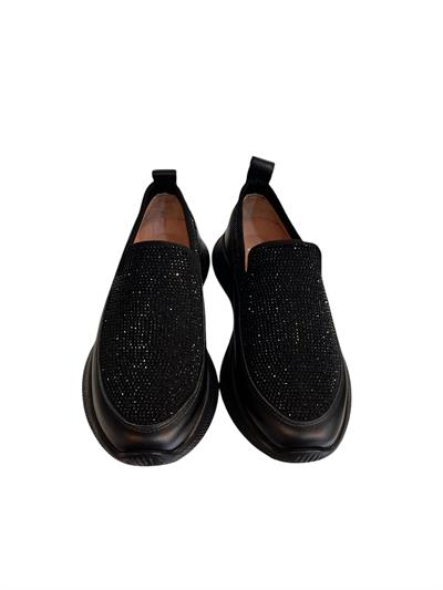  Siyah Hakiki Deri Strech Yüzlü Taşlı Comfort Sneaker