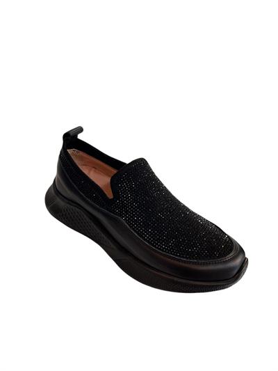  Siyah Hakiki Deri Strech Yüzlü Taşlı Comfort Sneaker