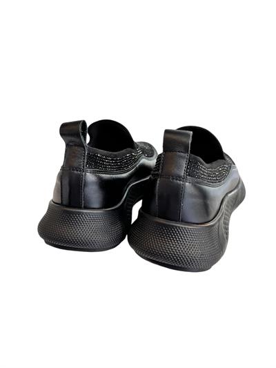  Siyah Hakiki Deri Strech Yüzlü Taşlı Comfort Sneaker