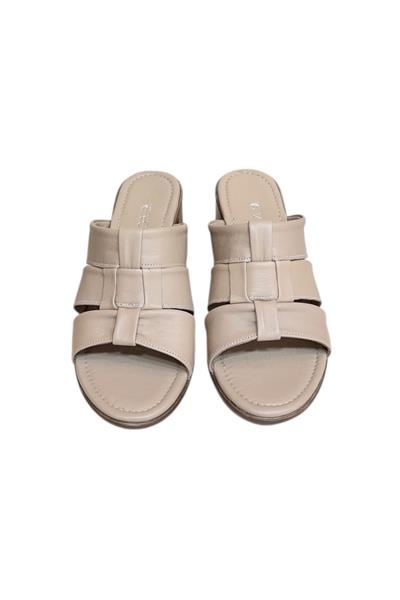 Bej Hakiki Deri Bant Detaylı Topuklu Comfort Taban Terlik
