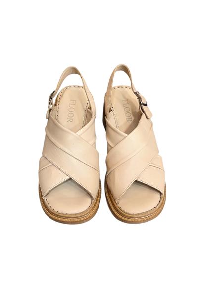 Bej Hakiki Deri Çapraz Bantlı Puf Taban Topuklu Sandalet 