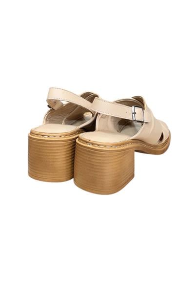 Bej Hakiki Deri Çapraz Bantlı Puf Taban Topuklu Sandalet 