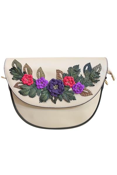 Bej Hakiki Deri Çiçek Motifli El Yapımı Çapraz Çanta