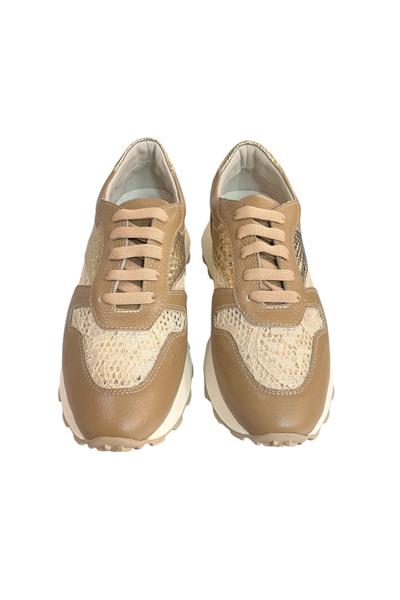 Bej Hakiki Deri Dantel Detay Comfort Taban Sneaker 