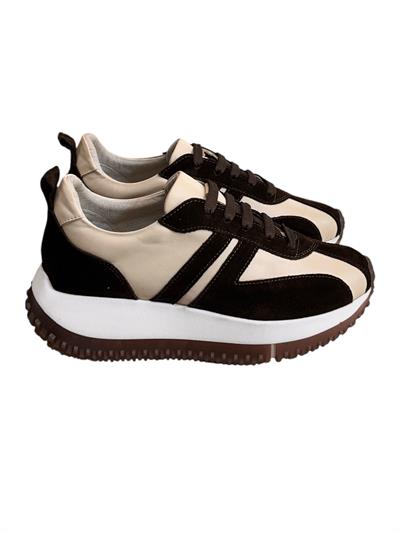 Bej Hakiki Deri Kahve Garnili Comfort Taban Bağcıklı Sneaker