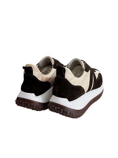 Bej Hakiki Deri Kahve Garnili Comfort Taban Bağcıklı Sneaker