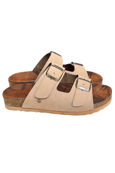 Bej Hakiki Deri Nubuk Çift Bant Tokalı Mantar Taban Terlik