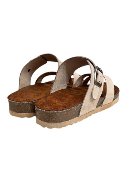 Bej Hakiki Deri Nubuk Parmak Arası  Mantar Taban Terlik