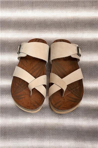 Bej Hakiki Deri Nubuk Parmak Arası  Mantar Taban Terlik
