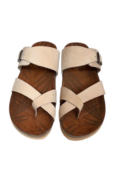 Bej Hakiki Deri Nubuk Parmak Arası  Mantar Taban Terlik