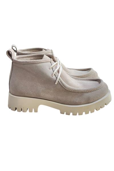 Bej Hakiki Deri Süet Bağcıklı Bot