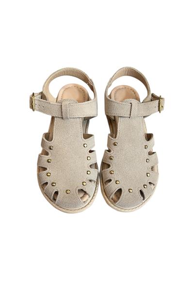 Bej Hakiki Deri Süet Burnu Kapalı Arkası Açık Troklu Sandalet