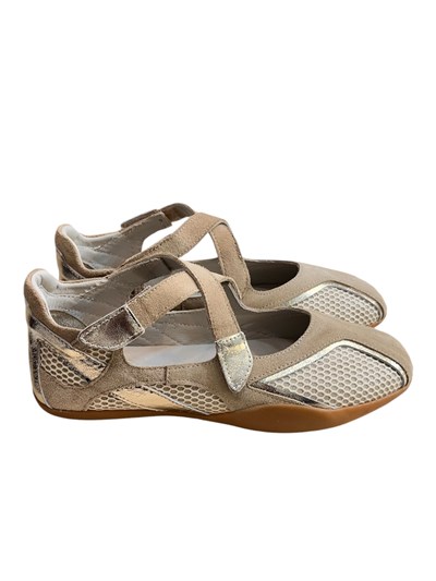 Bej Hakiki Deri Süet File Detay Cırt Bantlı Comfort Babet Ayakkabı