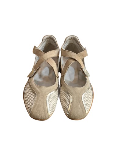 Bej Hakiki Deri Süet File Detay Cırt Bantlı Comfort Babet Ayakkabı