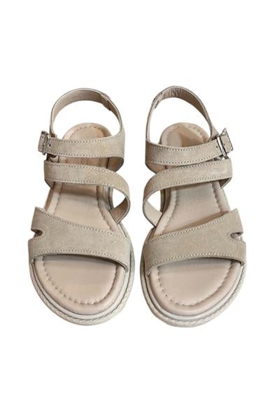 Bej Hakiki Süet Deri Çapraz Bantlı Sandalet 