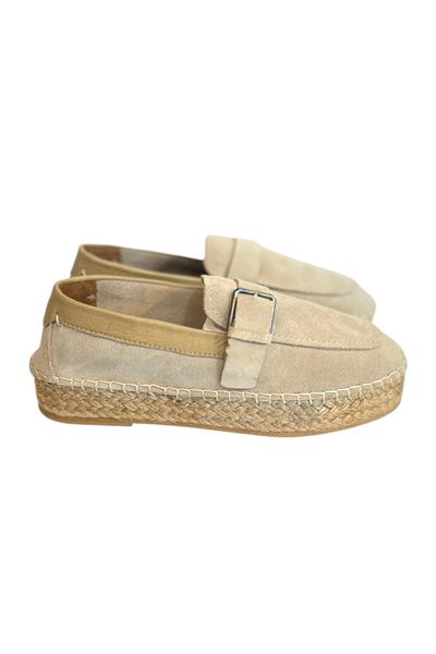 Bej Hakiki Süet Hasır Taban Tokalı Loafer 