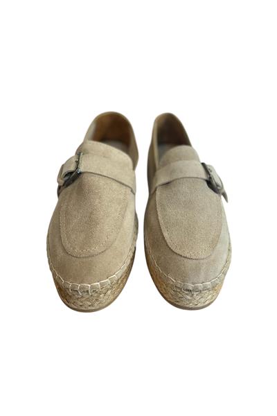Bej Hakiki Süet Hasır Taban Tokalı Loafer 