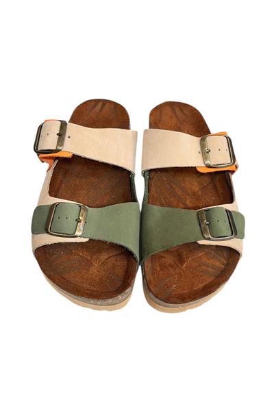 Bej Multi Hakiki Deri Nubuk Çift Bant Tokalı Mantar Taban Terlik