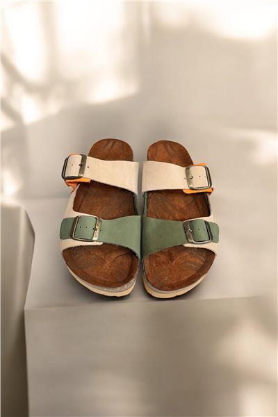 Bej Multi Hakiki Deri Nubuk Çift Bant Tokalı Mantar Taban Terlik