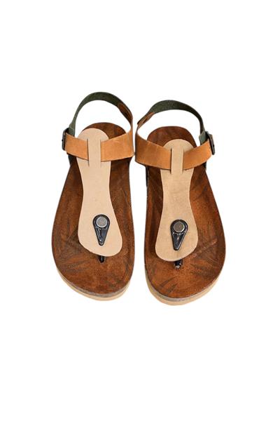 Bej Multi Hakiki Deri Parmak Arası Mantar Taban Tokalı Sandalet 