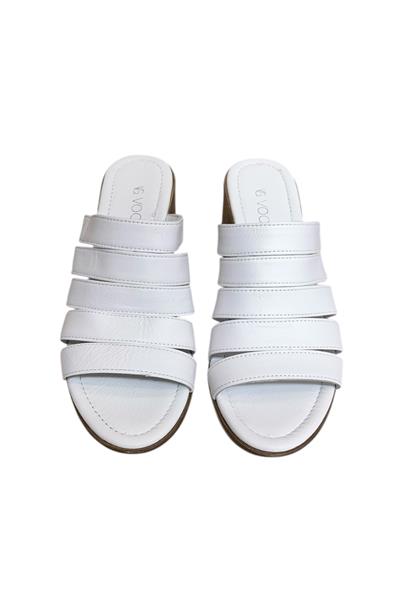 Beyaz Hakiki Deri Bant Detay Topuklu  Comfort Taban Topuklu Terlik