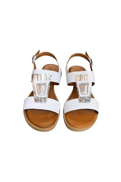 Beyaz Hakiki Deri Çift Bantlı Yumuşak Taban Comfort Sandalet